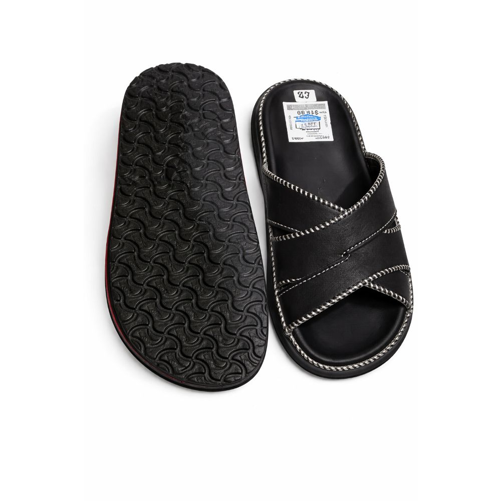 Mens Black Leather Slippers with Stitch Detailing